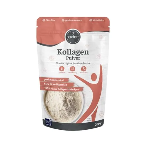 BORCHERS Kollagen Pulver 200g, Premium Kollagenhydrolysat, Kollagenpeptide Typ 1 & 3, leicht löslich, ohne Gentechnik, Ohne Zuckerzusatz, Skin-Glow-Routine