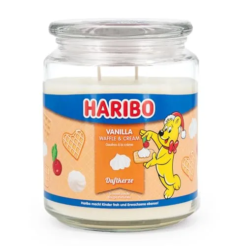 Haribo Duftkerze im Glas | Vanilla Waffle Cream 510g | Duftkerze Vanille mit Buttercreme | 2 Dochte | Brenndauer bis 100h | Geschenkidee für Winter & Weihnachten