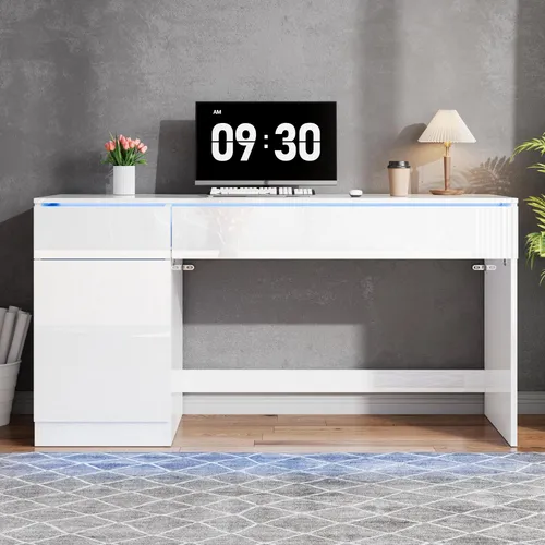 MODFU Schreibtisch Hochglanz mit LED, 120 x 50 cm – Eleganter Computertisch mit Stauraum
