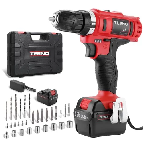 TEENO Akku-Bohrschrauber 21 V, 2 Geschwindigkeiten Akku-Bohrmaschine, 1 Lithium-Akkus 1,5 Ah, Schnellladung in 1 Stunde, 20 Zubehörteile enthalten
