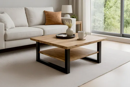 Refurbished Möbelretoure Couchtisch Baumkante massiv Akazie natur lackiert 90x90 cm schwarz PATRICK