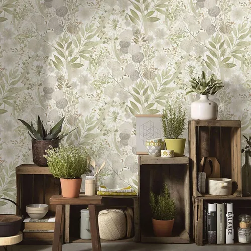 Vliestapete Floral Wildblumen Blätter Blüten Weiß Grün Braun 10506-35 (3,15€/1qm