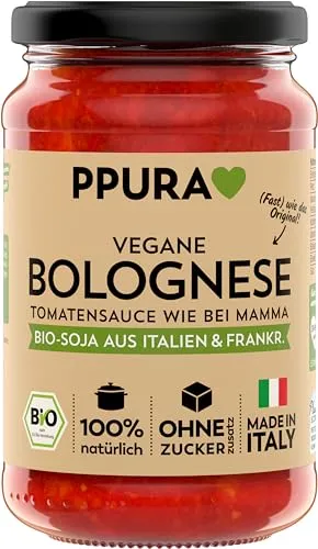 PPURA Bio Tomatensauce Vegane Bolognese | Pasta-Sauce mit Bio-Soja | Sugo Made in Italy | 100% Natürlich | Nudel-Soße Vegan Ohne Zuckerzusatz & Konservierungsstoffe | 340g Glas