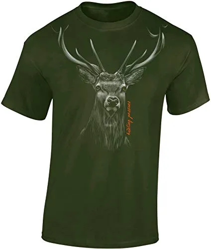 Baddery Jäger T-Shirt Herren - „Hunting Passion“ - Jagd Shirt für Männer mit Hirsch-Motiv (Army XXL)