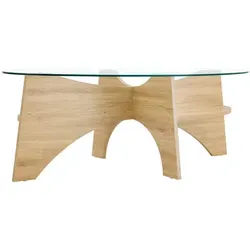 Okwish Couchtisch Transparent aus Glas, 60x45x104,9 cm - Moderner ovaler Couchtisch aus Sicherheitsglas mit Holzoptik-Stützen. Ideal für einladende Wohnräume, bietet er eine praktische Ablage für Zeitschriften und Accessoires.
