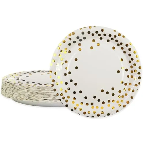 BOKFJBP 50 Stück Pappteller weiß gold, 18cm Pappteller Einwegpartyteller Geschirr für Happy Birthday Ostern, Hochzeit, Kindergeburtstag, Geburtstag, Abschlussparty