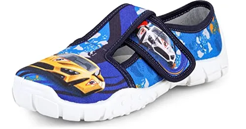 Ladeheid Hausschuhe Kinder Junge, Kinderhausschuhe mit Klettverschluss, Bequeme und Stabile Kindergarten Hausschuhe, Ideal auch für Schule, Spazierengehen und Zuhause LARW005 (Blau Autos, 26 EU)