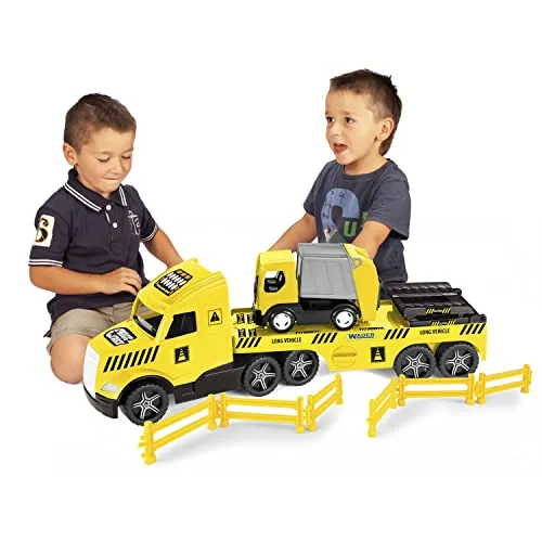 Wader Magic Truck Technic Abschleppwagen mit Müllwagen, LKW Autotransporter mit fluoreszierenden Lichter, L = 78 cm, offenere Ladekiste, inkl Kipper L = 24 cm, Absperrungen, ab 3 Jahren