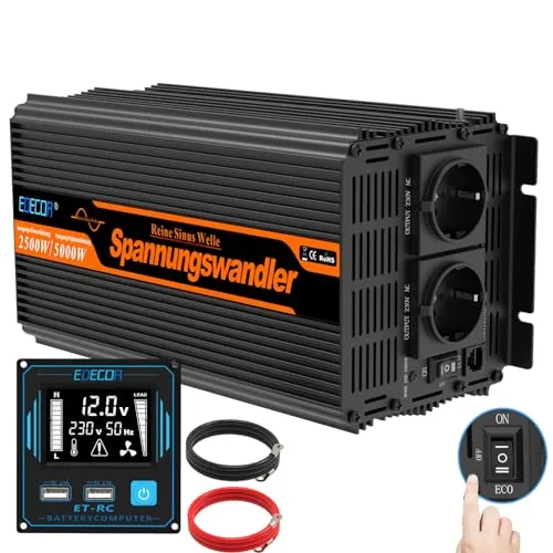 EDECOA Wechselrichter 2500w Reiner Sinus Spannungswandler 12v 230v LCD 2X USB und Fernbedienung wandler 2500w und kurzfristige Spitze 5000w Inverter