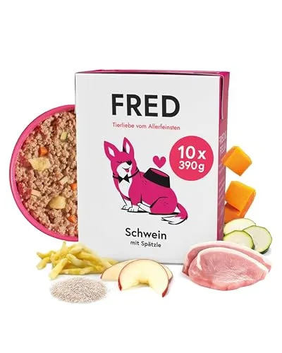 FRED Nassfutter Hund Schwein mit Spätzle – Monoprotein – 390g Tetra Pak - Hochwertiges Nassfutter mit 50 % Schweinefleisch in Lebensmittelqualität. Getreidefrei und ideal für sensible Hunde. Praktische Portionierung im Tetra Pak für eine einfache Handhabung.