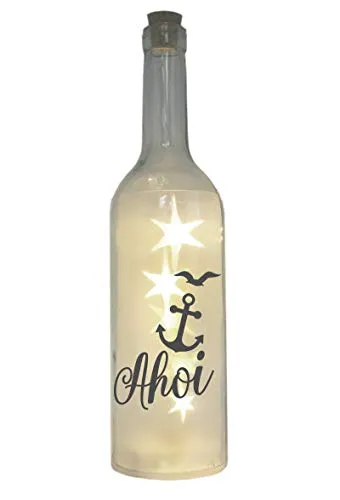 WB wohn trends LED-Flasche mit Motiv, AHOI Anker Möwe maritim, grau, 29cm, Flaschen-Licht Glitzer-Flasche Leuchtflasche Lampe mit Text Spruch