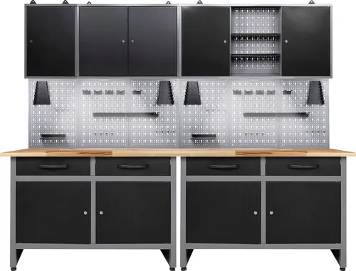 Werkstatt-Set ONDIS24, schwarz – 240 cm mit LED-Beleuchtung - Werkstatteinrichtung mit 4 Schubladen und 9 Türen, verstellbaren Füßen und abschließbar. Ideal für Hobbywerkstätten mit hoher Belastbarkeit von 1100 kg.