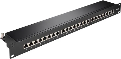 Goobay 90854 CAT 6A Patch Panel 24 Port 19 Zoll - Hochwertiges 24-Port Patch Panel für 19 Zoll Racks, ideal für die einfache Montage von CAT 6A Netzwerkkabeln. Mit geschirmten Ports und nummerierten Anschlüssen für optimale Kabelorganisation.