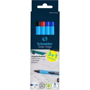 Schneider 152271 Kugelschreiber Slider Edge XB - 4er Stiftebox Aktion 3+1, mit gummierter Oberfläche und verschleißfester Edelstahlspitze für leichtes und gleitendes Schreiben