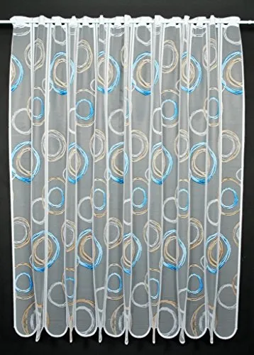 Scheibengardinen Höhe Variabel Scheibengardine Kringel 150 cm hoch weiß mit blau/Hellbraun - Wunschbreite frei wählbar durch gekaufte Menge in 11 cm Schritten - Meterware