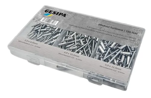 GESIPA | Blindnieten Set 150-tlg Alu/Stahl | Je 50 Stk. Ø 3x6, 4x10 und 5x12mm für Materialstärke: 5-9mm | Nieten in Industrie-Qualität | Popnieten, Blindnieten, Nietzange von den Profis