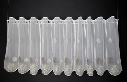 Scheibengardinen Höhe Variabel Scheibengardine bestickte Kugeln 50 cm hoch weiß mit Creme/braun - Wunschbreite frei wählbar durch gekaufte Menge in 15,5 cm Schritten - Meterware