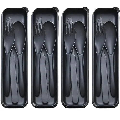 LIVELYPET Wiederverwendbares Reisebesteck mit Etui, 4 Sets tragbares Plastikbesteck für Büro, Schule, Reisen, Camping, Picknick (Schwarz)