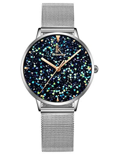 Alienwork Damen Armbanduhr Silber mit Strass und Mesh-Armband - Elegante Armbanduhr für Damen mit Japanischem Quarzwerk, funkelnede Natursteine und individuell anpassbarem Mesh-Armband – perfekt für jeden Anlass.
