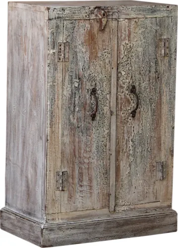 Vintage Beistellschrank Modell S15 - Ethno Stil - Kompakter Nachttischschrank aus recyceltem Holz, fair gehandelt in Indien. Ideal für jeden Raum mit einem Hauch von Vintage-Charme.