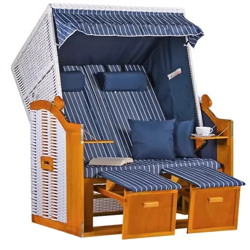 MR. DEKO® Strandkorb Ostsee Volllieger 2-Sitzer Royal Blau Weiß | Polyrattan Gartenmöbel | Verstellbarer Rückenlehne | Bequeme Polster & Fußablagen | Wetterfest & UV-beständig | 4 Kissen + Klapptisch