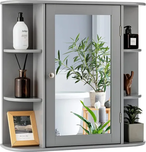 COSTWAY Spiegelschrank Badezimmer, Badezimmerspiegel mit Ablagen, Badezimmerspiegelschrank weiß, Wandschrank mit Badspiegel, Hängeschrank mit Spiegeltür (Grau)