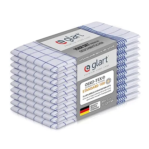 Glart 48KB2 Geschirrtücher 10er Set 50x70 cm blau kariert – 100 % Baumwolle, OEKO-TEX zertifiziert, vorgewaschen, saugstark, waschbar, langlebig, mit Aufhänger, für Haushalt, Küche, Gastronomie, Büro