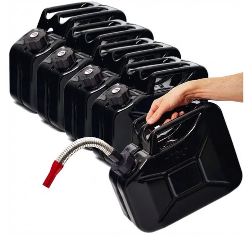 BW® Metall Benzinkanister 5x10 Liter mit Ausgießer - Schwarz - Robuster Reservekanister aus 0,9mm pulverbeschichtetem Stahl. TÜV-zertifiziert für sicheres Betanken von Benzin, Diesel und mehr. Inklusive flexiblem Ausgießer für schnelles und sauberes Befüllen.
