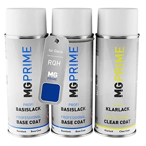 MG PRIME Autolack Sprühdosen Set für Dacia RQH Bleu Iron Metallic/Iron-Blau Metallic Grundlack Basislack Klarlack Spraydose 400ml