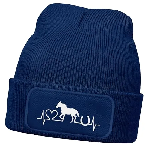 MoonWorks® Wintermütze Kinder Beanie für Mädchen Reiten Herzschlag Pferd mit Patch Aufdruck Print Strickmütze Navy-Weiss Unisize