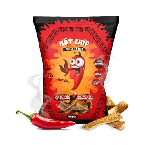 HOT CHIP Smoked Scorpio Protein Strips 80 g – Extrem scharfer veganer Snack mit Trinidad Scorpion Chili – Glutenfrei & pflanzlich