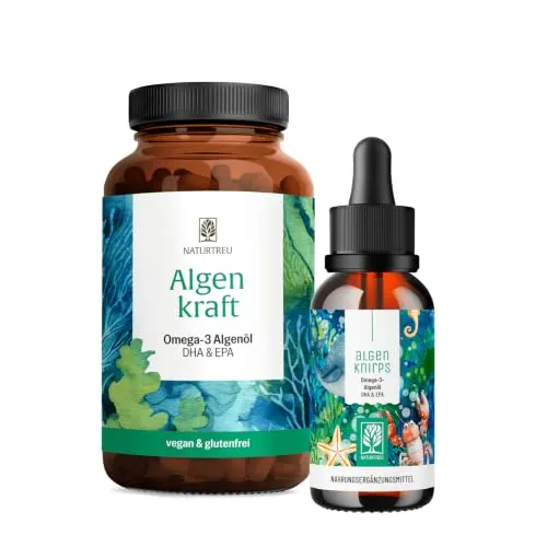 NATURTREU® Omega 3 vegan aus Algenöl, Familien Paket | 2er Paket aus Algenkraft und Algenknirps, vegan, 60 Omega 3 Kapseln und 50ml Omega-3 Algenöl Tropfen