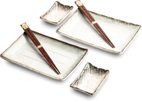 WESTCRAFT ELEGANT ORIENTAL SUSHI TELLER SET | 6-teiliges Sushi-Set für 2 Personen - Sushiteller Set - Ideal für einen stilvollen Sushi Abend, mit 2 rechteckigen Tellern, Saucenschälchen und Essstäbchen. Hergestellt in Japan, spülmaschinenfest und elegant im Design.