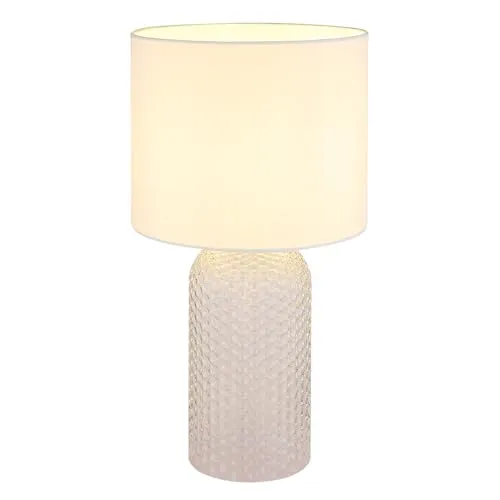 LED Tischlampe Glas Textil Weiß – Elegante Nachttischlampe mit 10,5 Watt - ELEGANTE TISCHLEUCHTE: Diese stilvolle Kombination aus Glasfuß und Textilschirm passt perfekt ins Wohn- oder Schlafzimmer. INKLUSIVE EFFIZIENTEM LED: Mit 1055 Lumen sorgt die Lampe für warmes Licht und verbraucht nur 10,5 Watt – ideal für gemütliche Abende.
