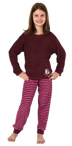 Mädchen Frottee Pyjama mit Eulen-Applikation - Kuscheliger Frottee Schlafanzug für Mädchen, ideal für kalte Nächte mit Bündchen und niedlicher Eule, perfekt als Homewear oder Nachtwäsche.
