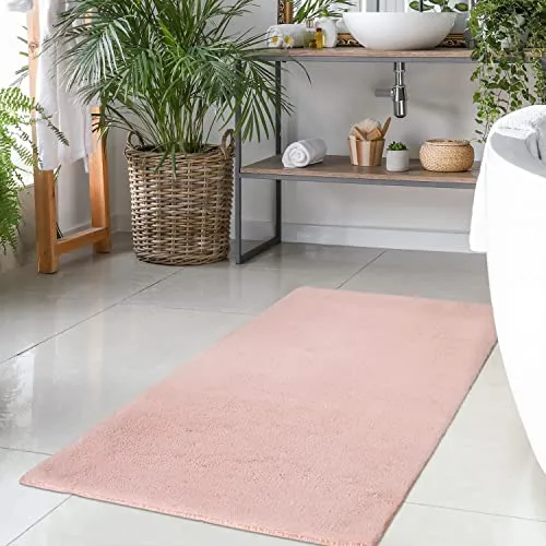 carpet city Badteppich Rosa - 67x110 cm Einfarbig - Badematte rutschfest, waschbar, weich, saugfähig, schnelltrocknend - Badvorleger Hochflor Soft Touch Badezimmer