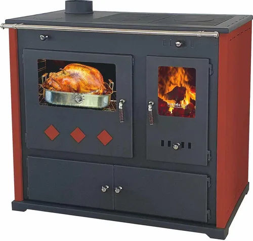 Kaminofen Pracktik Lux Rot LINKS - 9,5 kW Holzofen mit Backfach - Küchenofen mit integriertem Backfach, ideal zum Kochen und Backen ohne Strom. Elegantes Design und hohe Effizienz (87,54%) machen ihn zum perfekten Heizofen für Ihr Zuhause.
