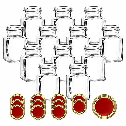 gouveo 12er Set Einmachgläser 150 ml eckig mit Schraub-Deckel rot-gold - Kleine Vorratsgläser mit Schraubverschluss - Leere Gewürzgläser, Marmeladengläser, Einkochgläser
