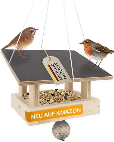 Wetterfestes Vogelhaus zum Aufhängen – Handgefertigtes Futterhaus aus Holz - Futterstationen für Wildvögel – Handgefertigt in Deutschland, wetterfest und ideal für Balkon & Garten. Unterstützen Sie ein soziales Projekt!