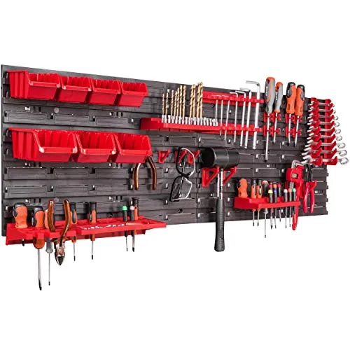 Lagersystem Wandregal 115x39 cm, Werkzeughalterungen, 7 stck. Stapelboxen Schüttenregal Sichtlagerkästen, Extra Starke Wandplatten, Regal Erweiterbar, Werkstattregal Lagerregal Werkstattwandregal