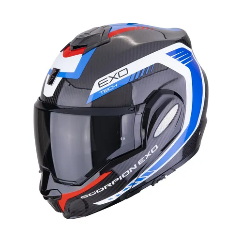 Scorpion EXO-Tech Evo Carbon Cosy Klapphelm L - Schwarz Blau Rot - Motorradhelm aus Kohlefaser, ECE-zugelassen und ideal für Komfort und Sicherheit auf jeder Fahrt.