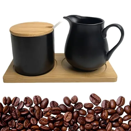 GOMETY Milch und Zucker Set, Zuckerdose Milchkännchen Set mit Deckel, Milchkännchen Schwarz Keramik und Zuckerdose mit Holztablet, Holzkohle-Zucker- und Sahnekännchen für Küche & Kaffee(schwarz matt)