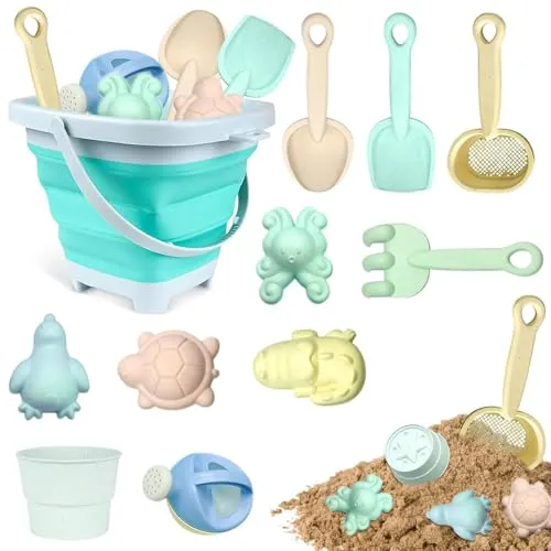 11pcs Sandspielzeu set,Sandspielzeug Kinder, Sandkasten Spielzeug,sandspielzeug eimer,silikon sandspielzeug,mit Faltbarer Eimer, Schaufel, Sandharke, Sandförmchen, Für Kinder Jungen Mädchen (Blau)