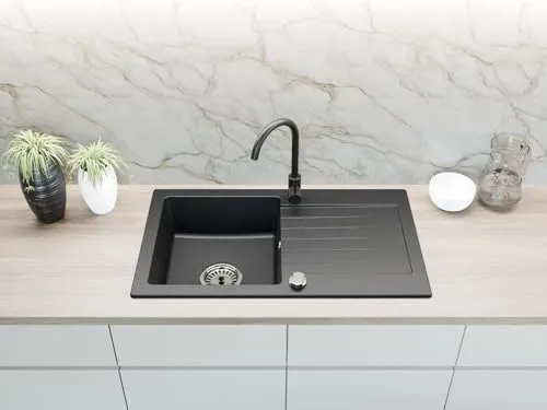 Faizee Möbel Granitspüle 75x44 cm Schwarz - Eckige Küchenspüle aus 80 % Quarz, kratzfest und hitzebeständig. Beidseitig montierbar, ideal für Unterschränke ab 45 cm, inklusive Siphon-Set.