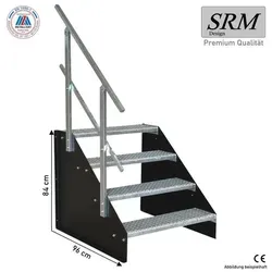 SRM Design Außentreppe 4 Stufen mit Geländer schwarz - Freistehende 4-Stufen Standtreppe aus feuerverzinktem Stahl, ideal für den Außenbereich. Mit einseitigem Geländer für zusätzliche Sicherheit. Perfekt für Garten, Wohnwagen oder gewerbliche Anwendungen.