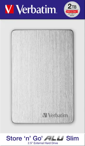Verbatim Stor n Go 2 TB - Externe Festplatte 6.35 cm (2.5 Zoll), USB 3.2 Gen 1, hohe Speicherkapazität in elegantem Silber