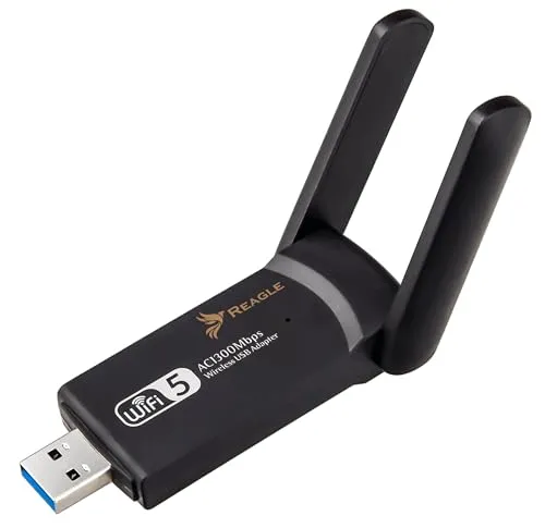 Reagle USB-A WLAN Adapter - 1300 Mbps, Dualband 2.4GHz/5GHz WiFi Dongle, 802.11ac, High Gain 2X 5dBi Antennen, PC & Laptop Netzwerk Adapter, Kompatibel mit Windows/Mac/Linux