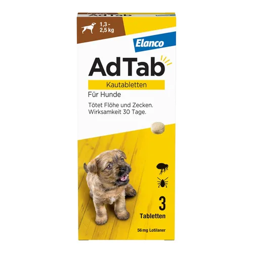 AdTab 56 mg Kautabletten für Hunde 1,3-2 kg - 3 Stück - Tiergesundheit - rezeptfreie Kautabletten von Elanco zur Unterstützung der Gesundheit kleiner Hunde in praktischer 3er-Packung.
