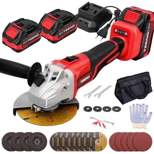 TEENO Akku Winkelschleifer 125 mm丨21V 1000W Power丨Winkelschleifer | mit 2* 4.0Ah Akku & 1*Schnellladegerät丨9100RPM Brushless Motor Metallschleifer丨Trennscheiben- Flap Disc zum Trennen-Schleifen