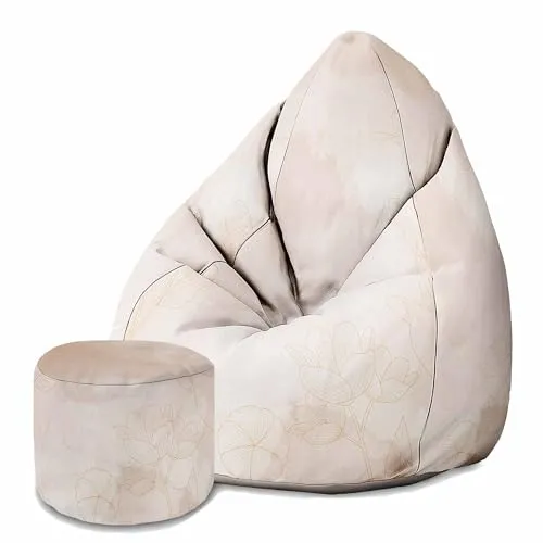 DreamRoots Sitzsack Erwachsene mit Füllung 80x80x120cm - Bean Bag Chair - Sitzsäcke mit Lehne und Hocker und Bezug - Sitzsack Sessel - Chill Sessel Velvet Boho Beige Flowers